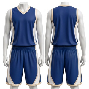 Ensemble de maillot de basket-ball bleu marine pour homme, débardeur sans manches à col en V avec short à taille élastique, vêtements de sport respirants - Product Image 1