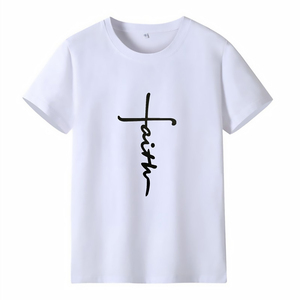 เสื้อยืดผู้หญิงพิมพ์ลาย FAITH แบบกำหนดเอง คอเสื้อแบบสั้น แขนสั้น เป็นมิตรกับสิ่งแวดล้อม แฟชั่น ขายส่ง ราคาถูก ตกแต่งด้วยแพทช์ - Product Image 2
