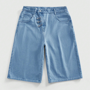 Custom Solid High Street Light Wash Denim <b>Shorts</b> for Men with Drawstring Closure <b>Wide</b> <b>Leg</b> Loose Fit Quick Dry Streetwear - Product Image 1