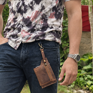 Genuine Leather Zipper <b>Key</b> & Card Holder Wallet Keychain Compact <b>Organizer</b> Travel Coin Purse Pouch Brown High-quality Men Women - Product Image 3
