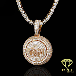 Luxury Iced Out Round Pendant <b>Necklace</b> Custom <b>Initial</b> Letter Pendant Cuban Link Chain Hip Hop Jewelry Gold Plated Rhinestone - Product Image 1