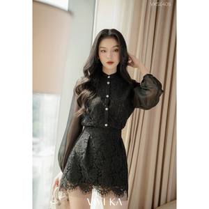 VIKA Women's <b>Black</b> Floral Lace 2-Piece Long Set Turn-down Collar Sheer Long Sleeve Short Mini <b>Skirt</b> Breathable Casual Elegant - Product Image 1
