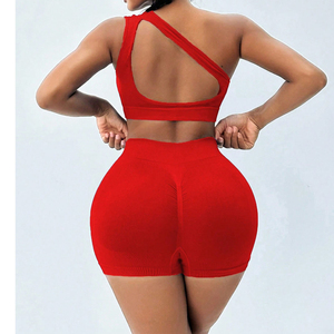 Women's High One Shoulder Sports Bra Yoga Shorts 2-Piece Set Mid <b>Belt</b> Front Logo Quick Dry Breathable Eco-Friendly Plus Size - Product Image 5