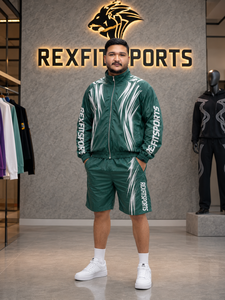 ชุดแจ็คเก็ตและกางเกงขาสั้นไนลอนสีเขียวป่าสำหรับผู้ชาย REXFIT SPORTS 2026 แบบสั่งทำพิเศษ น้ำหนักเบา ซิปเต็มตัว เหมาะสำหรับออกกำลังกาย ฟิตเนส วิ่ง - Product Image 1