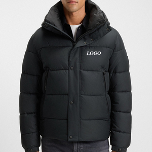 Premium Puffer <b>Men's</b> <b>Black</b> Hooded Puffer Jacket Windproof Polyester Winter Casual Coat Regular Fit Zipper Closure <b>Fleece</b> Lining - Product Image 1