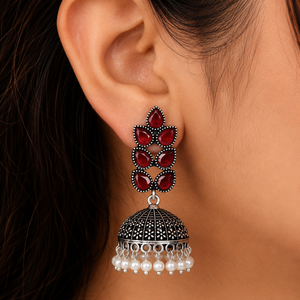 Luxury Oxidized Crystal Jhumka <b>Earrings</b> with Pearl | Vintage Floral Teardrop Statement <b>Earrings</b> | Ethnic Bridal Jewelry - Product Image 6