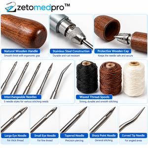 Kit d'outils de couture en cuir avec aiguilles interchangeables, fil de 3 couleurs, manche en bois, pour la fabrication de bijoux et la réparation ZETOMEDPRO - Product Image 3