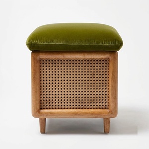 Wholesale Luxury Olive Green Velvet Upholstered <b>Footstool</b> <b>Mid</b>-<b>Century</b> Modern Solid Wooden Storage Stool Boho Chic Woven Rattan - Product Image 1