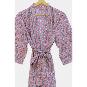 Bata Kimono de algodón de talla grande, Sexy, mangas transpirables, estampado de bloque de mano, ropa de dormir de verano, vestido de dama de honor para otoño, cómodo - Product Image 4