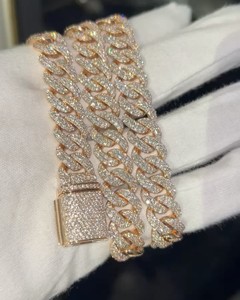 Cadena Cubana de Oro Sólido 9K de 10MM al por Mayor con Diamantes Cultivados en Laboratorio, Engaste de Garras, Brillantes, 3 Hileras de Piedras, Estilo Iced, para Boda, Hip Hop, Unisex - Product Image 3