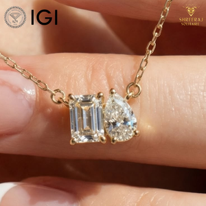 Collier pendentif Toi et Moi en diamant de laboratoire, taille émeraude, taille poire, DEF VVS, certifié IGI, or massif 14K, fournisseur en gros - Product Image 2