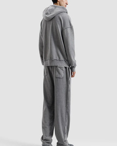 Oversized Soft Washed Gray Hooded <b>Zip</b> <b>Up</b> <b>Jacket</b> Silver Metal Zipper Symmetrical Pockets Ribbed Cuffs Streetwear Men <b>Jacket</b> - Product Image 2