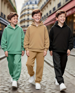 Random 2pcs Set Boys Outfit Long Sleeve Pullover Hoodie Joggers Autumn/Winter Solid Color Polyester/Cotton Casual Gray color - Product Image 1