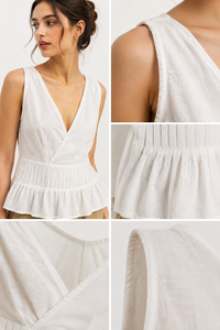 Women's Bohemian 2-Piece Eco-Friendly <b>Linen</b>/Cotton Wrap Peplum Top Wide Leg Pants <b>Set</b> White Beige Sleeveless All Seasons - Product Image 6