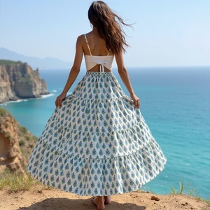 Falda gitana Bohemia elegante para mujer, algodón blanco y azul, suave, de longitud completa, elástica, ajustable, cordón, alegre, llamativo, bloque - Product Image 4