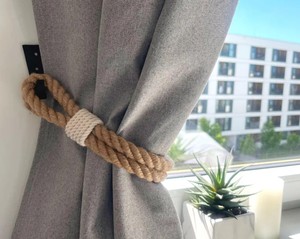 Jute Rope Curtain <b>Tieback</b> with White Cotton Accents – Rustic Boho Holder - Product Image 1