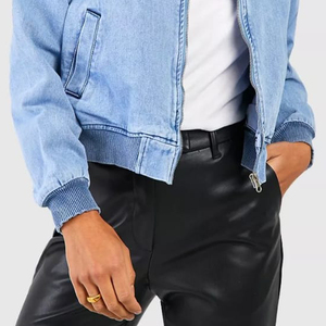 Womens Denim Bomber Jacket Light Blue Full Sleeve <b>Covered</b> <b>Button</b> Closure Stand Collar Winter Style Woven Fabric Logo Cotton - Product Image 4