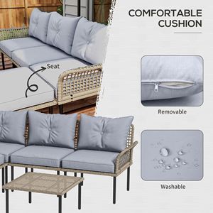 Set di mobili da giardino in rattan grigio chiaro da 5 pezzi, compresi divano, chaise longue, tavolino da caffè, poggiapiedi con cuscini - Product Image 5