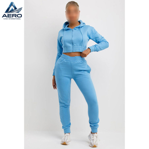 Best Product Ladies Tracksuit, With Zip Front Crop Hooded And Jogger <b>Set</b> Sky Blue Color Gym Wear Women Crop Tracksuit <b>Set</b> - Product Image 3