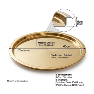 Stainless Steel 304 Premium Gold Plated Round <b>Serving</b> <b>Tray</b> <b>Large</b> Decorative Food Safe Metal Platter Wedding Tableware Gift <b>Trays</b> - Product Image 2