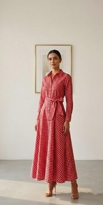 Ladies Red Plaid Maxi Cotton Dress Long Sleeve <b>Button</b> Front Belted A Line Fashion Dress. - Product Image 2