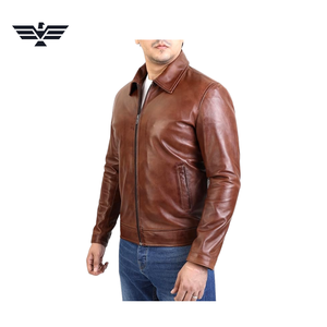 Chaqueta de Motociclista para Hombre, de Cuero Genuino Marrón, Impermeable, con Cuello Alto, Cierre de Cremallera, Corte Regular, Color Sólido, para Otoño - Product Image 2