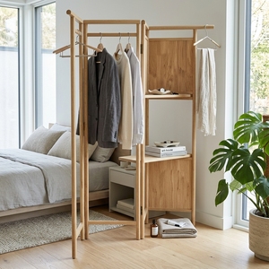 Foldable Teak Standing Coat Hanger Multi <b>Shelf</b> Wooden Clothes Rack Garment Organizer <b>Bedroom</b> Home Decor Storage Rack - Product Image 4