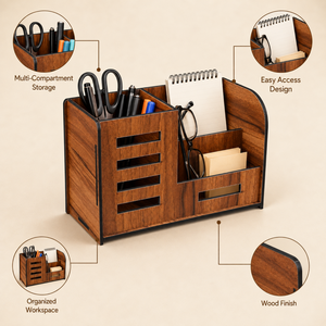Organisateur de bureau moderne en bois avec support pour stylos et support pour téléphone portable, boîte de rangement multifonctionnelle pour bureau, table d'étude et bureaux à domicile ! - Product Image 3