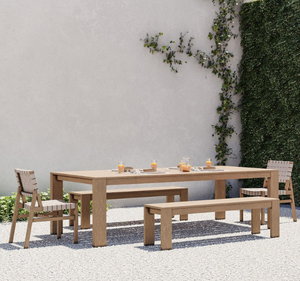 ชุดโต๊ะรับประทานอาหารกลางแจ้งไม้สักแท้สไตล์โมเดิร์น พร้อมเก้าอี้และม้านั่ง  เฟอร์นิเจอร์สำหรับลานบ้านแบบธรรมชาติ - Product Image 1