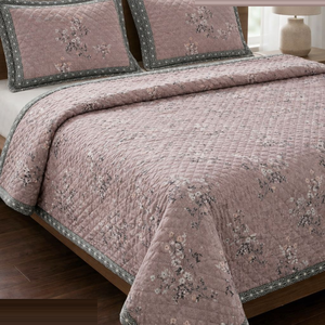 Blush Pink Floral Quilted Bedspread <b>Set</b> | 3Pc Ultra Soft <b>Comforter</b> Blanket with Designer Pillow Covers Luxury Modern Bedding <b>Set</b> - Product Image 1