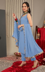 <b>Light</b> Blue Georgette Embroidered Indian Pakistani Set Sleeveless Square <b>Neck</b> Kurta Pant Set with Dupatta for Wedding Party Wear - Product Image 3