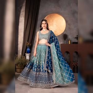 Conjunto de Vestido de Novia Estilo Indio-Pakistaní en Georgette Sintética, con Bordado Elaborado, Sin Coser, Personalizable - Product Image 1