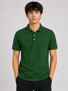 Chemise Formelle Homme Verte 100% Coton Tricotée Unie avec Logo Avant Manches Courtes Boutonnée Col Golf Uniforme Séchage Rapide - Product Image 1