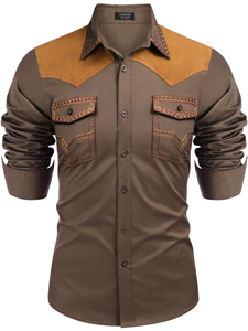 Men's Black Western <b>Shirt</b> With Brown <b>Suede</b> Yoke And Red Embroidered Pockets Full Sleeve Casual <b>Shirt</b> Autumn Wear - Product Image 2