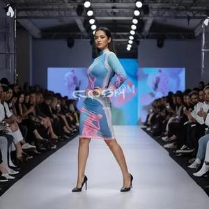 Vestido Mini de Malla Elástico Azul y Rosa con Estampado de Esculturas, de Moda, Ajustado, para Fiesta, para Mujer, de Última Tendencia - Product Image 5