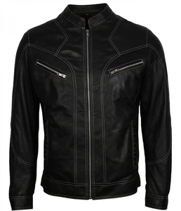 Veste de moto pour homme en PU noir uni, col roulé, fermeture éclair, coupe ajustée, style hiver - Product Image 5