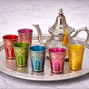 Service à thé marocain en argent, 6 verres, un plateau, une théière, dans un coffret cadeau - Product Image 1