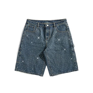 Shorts en jean à strass scintillants pour hommes, style streetwear hip-hop, coupe ample, taille élastique, été, jeans brillants, couleur unie, personnalisables - Product Image 1