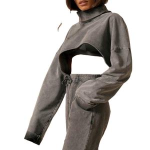 Sudaderas con capucha recortadas cortadas de dos piezas con estampado de logotipo personalizado, conjunto de chándal apilado acampanado con lavado ácido para mujer, 2026 - Product Image 4