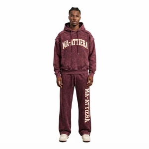 Conjunto de Sudadera con Capucha Oversize y Pantalones Anchos de Algodón Lavado Borgoña Personalizado, Estilo Urbano, Venta al por Mayor OEM ODM - Product Image 1