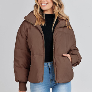 Veste matelassée marron pour femme, col montant, fermeture éclair, manches longues, manteau d'hiver épais et chaud, couleur unie, vêtement d'extérieur - Product Image 4