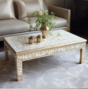 Mesa de centro tradicional marrón con incrustaciones intrincadas de hueso de vid en forma de arco para salas de estar, disponible a precios de mayorista. - Product Image 2