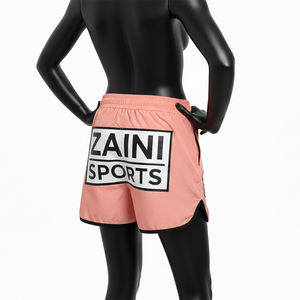 Shorts coupe-vent pour femmes en tissu polyester tissé, respirant, avec empiècements latéraux noirs et patch logo personnalisé. - Product Image 5