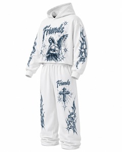 Ensemble sweat à capuche et pantalon unisexe blanc avec imprimé ange et croix, streetwear, coupe ample, 100% coton tricoté, vêtements d'automne - Product Image 2