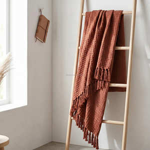 Deep Burgundy Cotton Waffle Throw <b>Blanket</b> with Raised Texture <b>for</b> Boho Rustic Sofa Styling and Contemporary Home Décor - Product Image 2