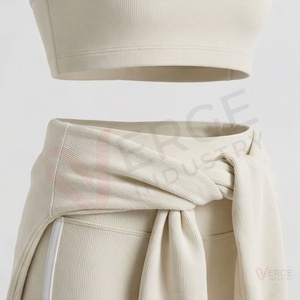 Women Beige Ribbed 2 Piece <b>Set</b> <b>Square</b> Neck Cami Crop Top High Waist Flared Leggings - Product Image 5