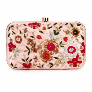 Elegant Pink Embroidered Floral Clutch With <b>Sequins</b> Women's Satin Party <b>Handbag</b> Lock Closure - Product Image 1