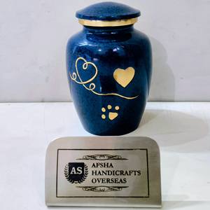 Hermosa Urna Funeraria Europea Azul Dorada con Pata y Corazón, con Palomas, Ecológica y Duradera, para Cenizas de Mascotas, de Metal - Product Image 1