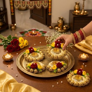 Porte-bougie en métal artisanal avec bordure de perles dorées et accents floraux, durable et écologique, décoration d'intérieur pour la Saint-Valentin - Product Image 2