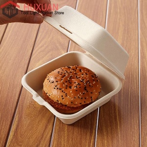 Boîtes à hamburgers en canne à sucre naturelle 6 x 6, type clamshell, compatibles lave-vaisselle, compostables, emballages à emporter, contenants écologiques pour hamburgers - Product Image 1